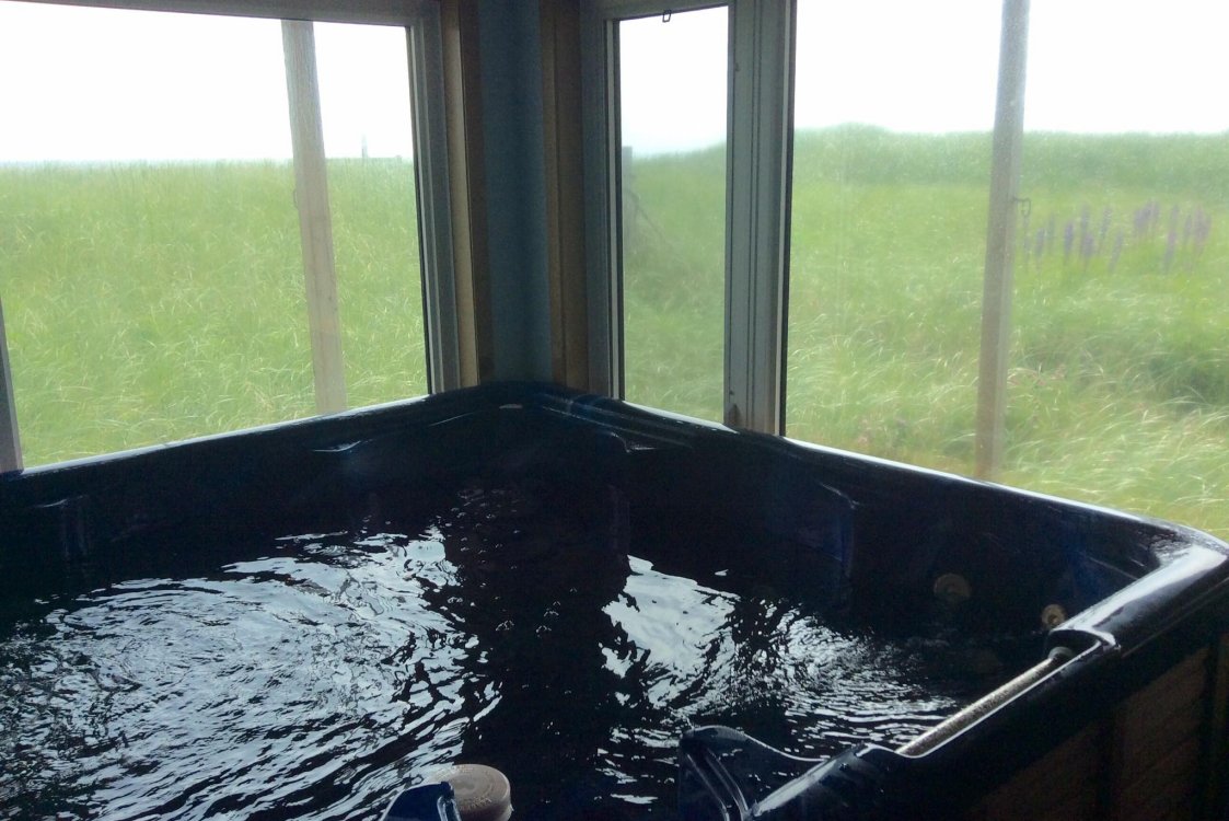 Hot Tub by corner window with view of the beach and grass shoreline.